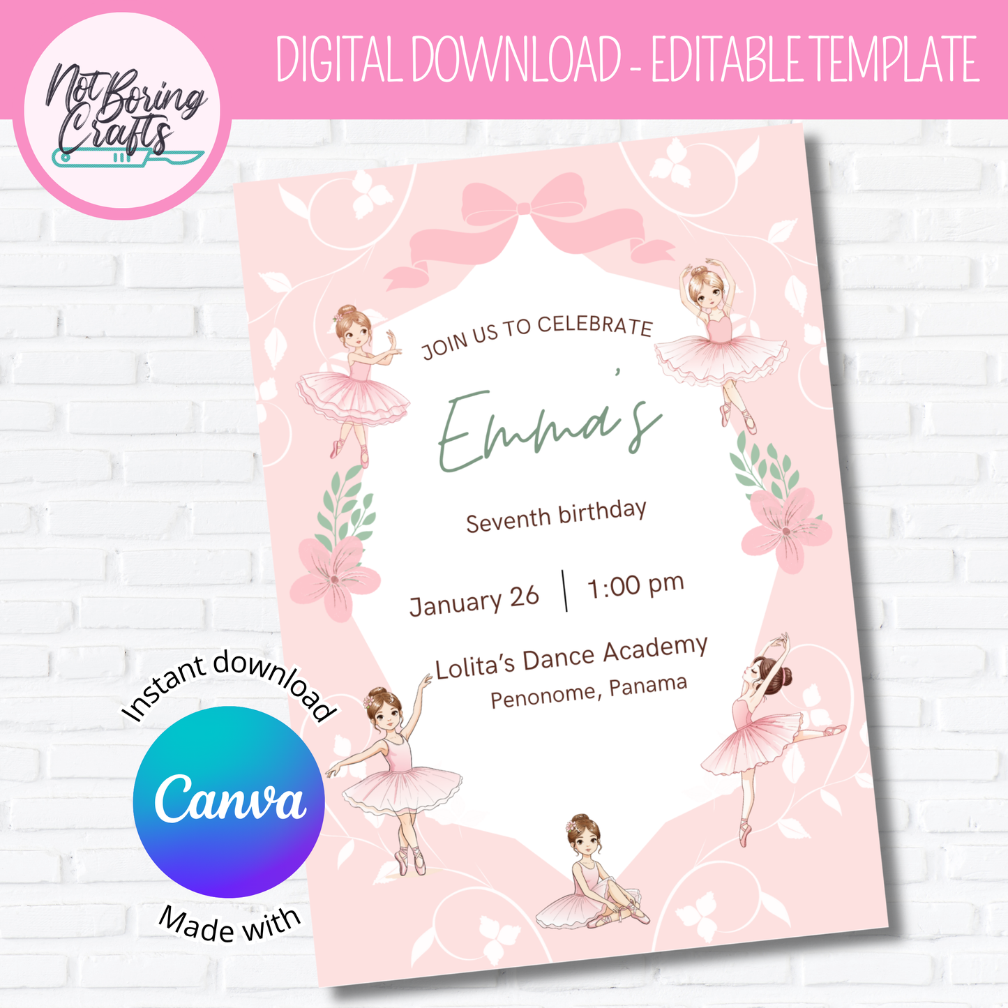 Ballerina Invitation Card - editable in CANVA