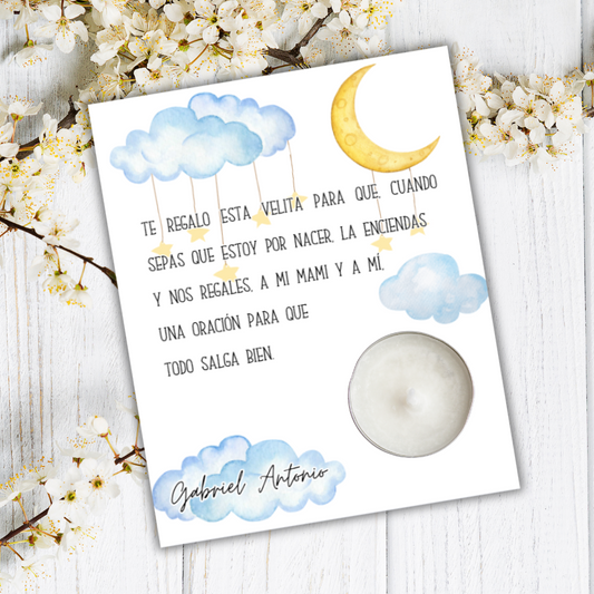 Plantilla de Recordatorio Baby Shower Cielo Nocturno – Para Vela Tea Light (Editable en Canva)