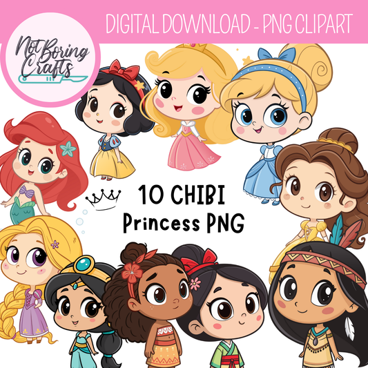 Set de Cliparts PNG Princesas Disney en Estilo Chibi Descarga Digital