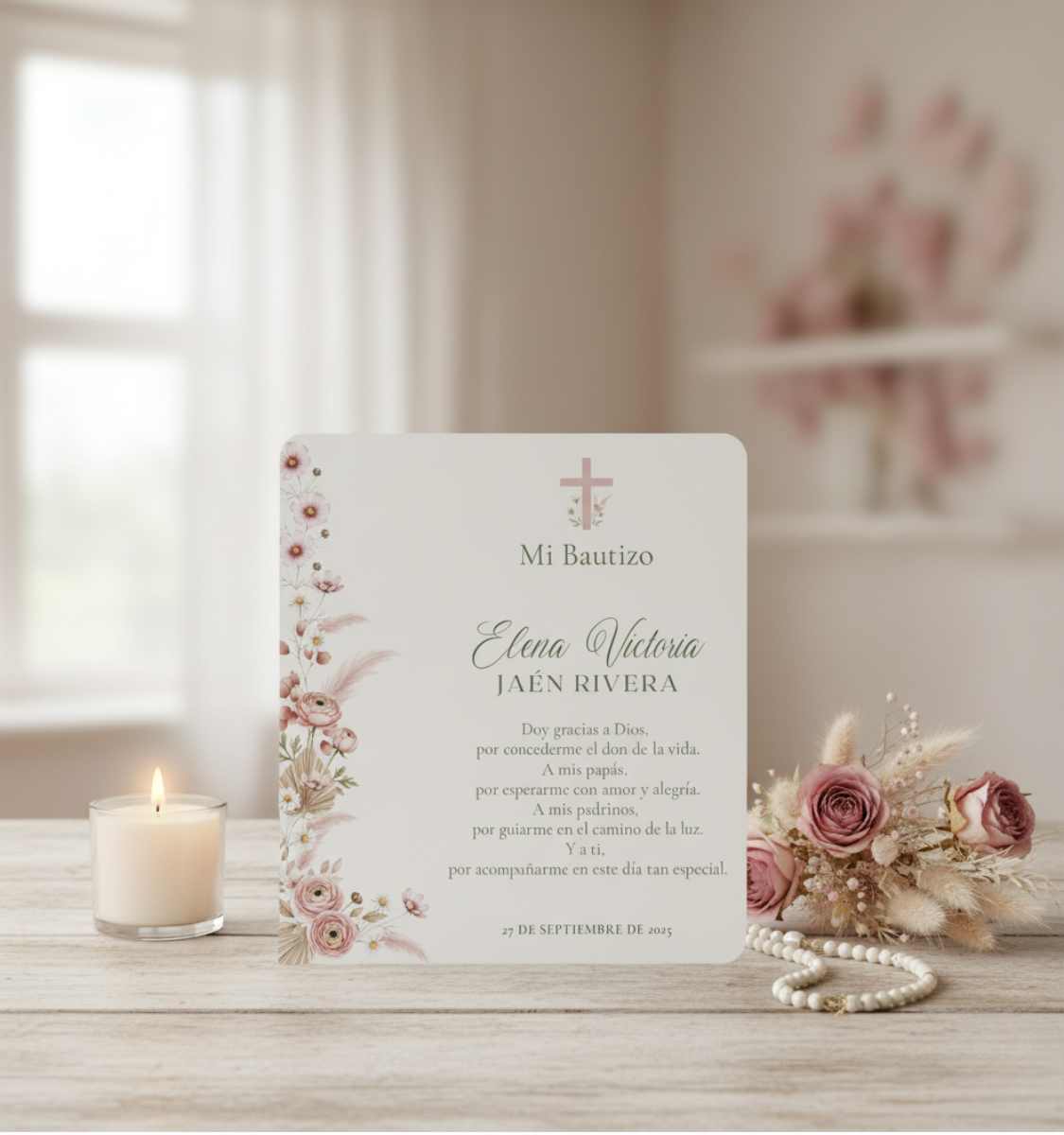 REMINDER CARD WITH DRY BOUQUET ROSARY 
