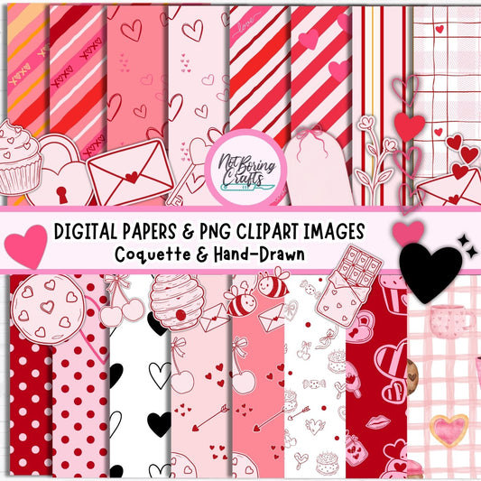 Paquete de Imágenes prediseñadas y Papeles Digitales San Valentín – Estilo Coquette & Hand-Drawn (PNG)