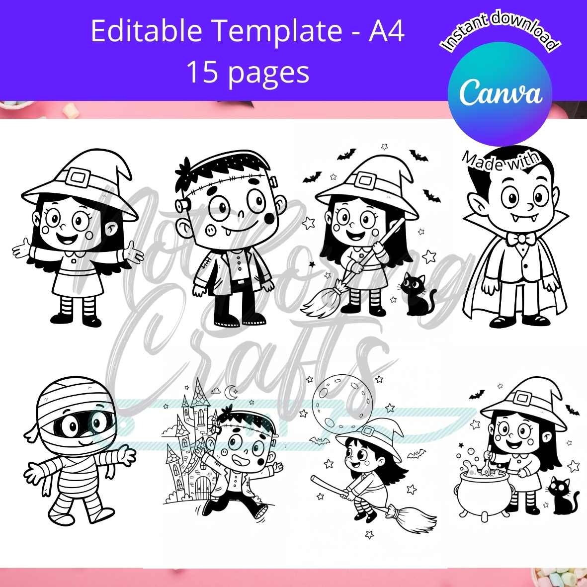 Editable Halloween party template featuring 15 pages of fun black and white characters and designs for kids.